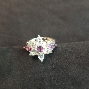 Amethysts and Topaz Silver Ring - Size 7
